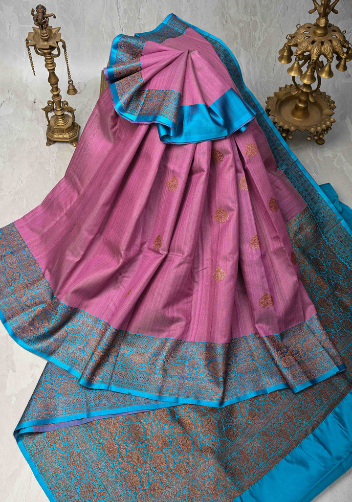 Dusty Rose Pink Banarasi Tussar Silk Saree with Antique Zari Butta and Contrast Border | SILK MARK CERTIFIED