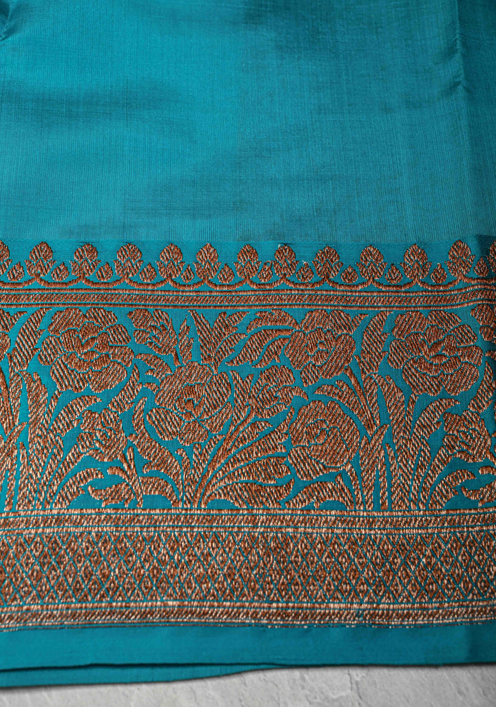 Beige  Banarasi Tussar Silk Saree with Antique Zari Butta and Contrast Purple Border | SILK MARK CERTIFIED