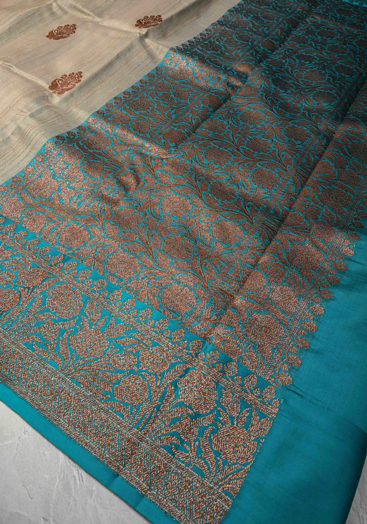 Beige  Banarasi Tussar Silk Saree with Antique Zari Butta and Contrast Purple Border | SILK MARK CERTIFIED