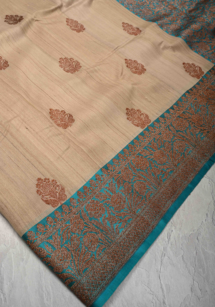 Beige  Banarasi Tussar Silk Saree with Antique Zari Butta and Contrast Purple Border | SILK MARK CERTIFIED