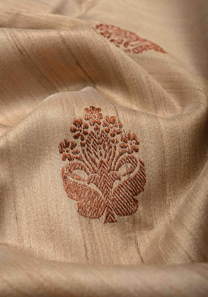 Beige  Banarasi Tussar Silk Saree with Antique Zari Butta and Contrast Purple Border | SILK MARK CERTIFIED