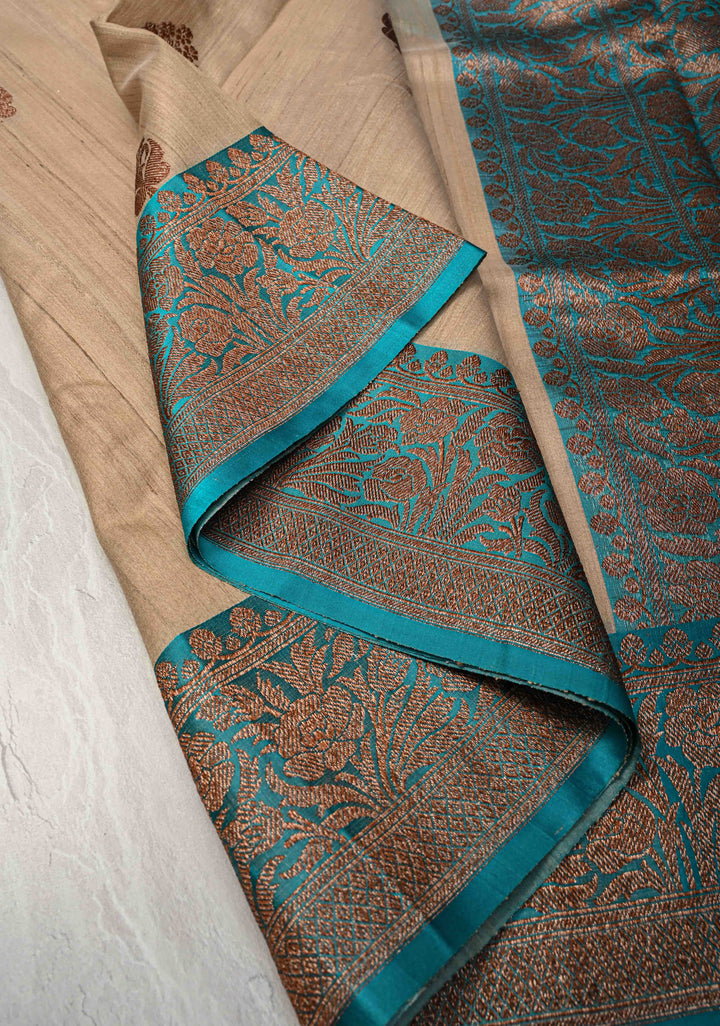 Beige  Banarasi Tussar Silk Saree with Antique Zari Butta and Contrast Purple Border | SILK MARK CERTIFIED