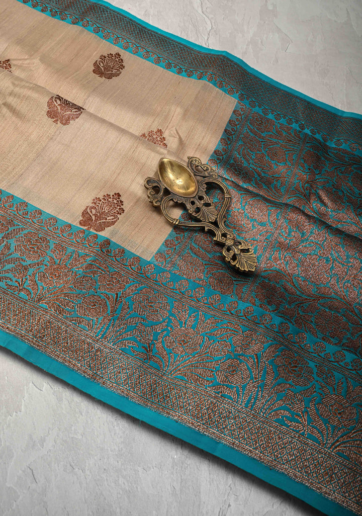 Beige  Banarasi Tussar Silk Saree with Antique Zari Butta and Contrast Purple Border | SILK MARK CERTIFIED