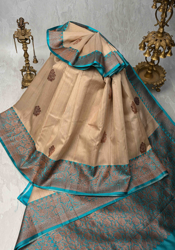 Beige  Banarasi Tussar Silk Saree with Antique Zari Butta and Contrast Purple Border | SILK MARK CERTIFIED