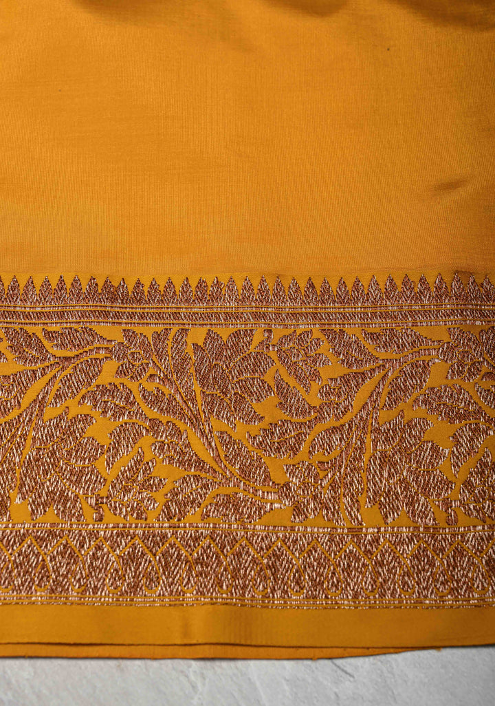 Sage Green Tussar Silk Saree with Antique Zari Butta and Contrast Yellow Border | SILK MARK CERTIFIED