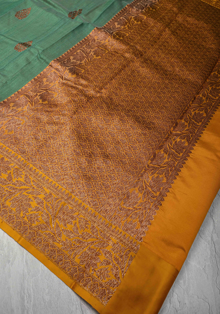 Sage Green Tussar Silk Saree with Antique Zari Butta and Contrast Yellow Border | SILK MARK CERTIFIED