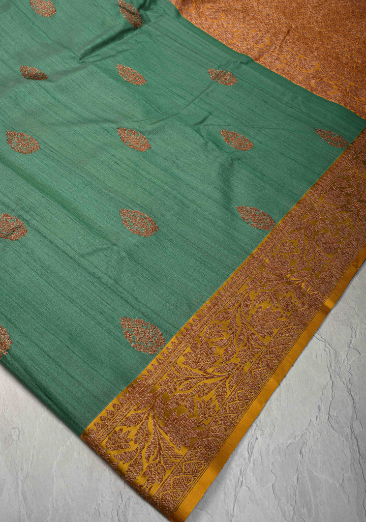 Sage Green Tussar Silk Saree with Antique Zari Butta and Contrast Yellow Border | SILK MARK CERTIFIED