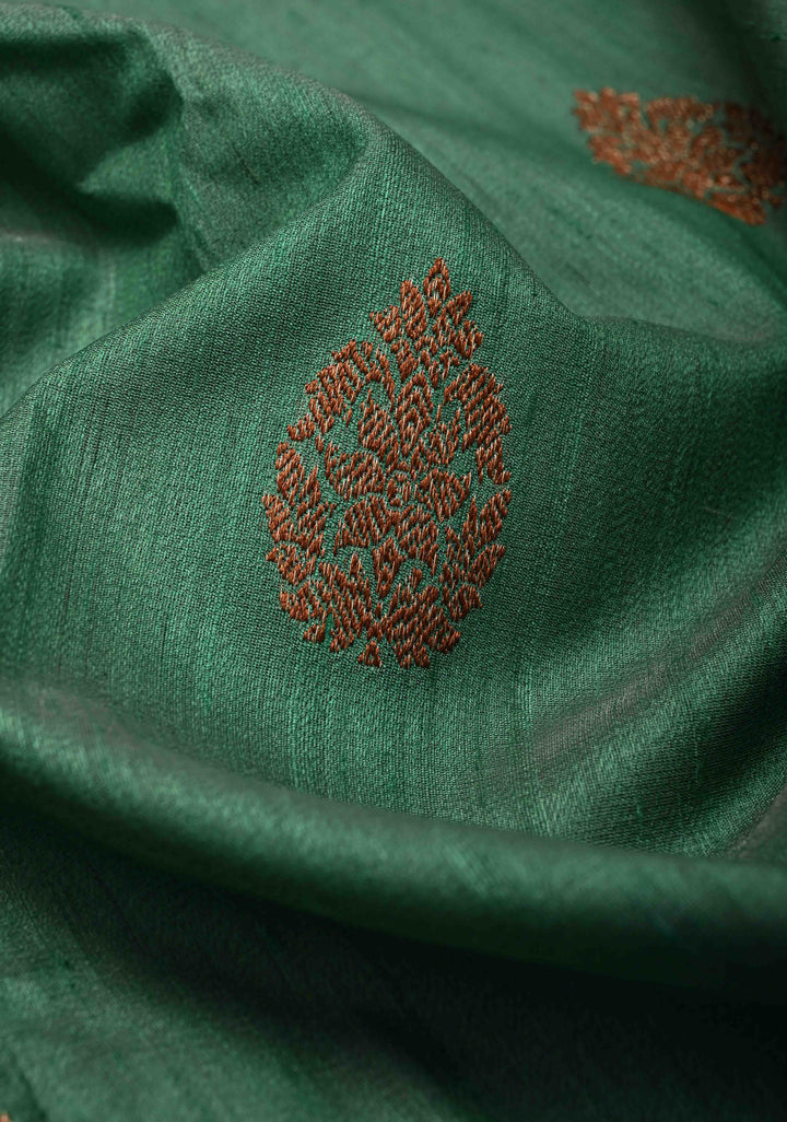 Sage Green Tussar Silk Saree with Antique Zari Butta and Contrast Yellow Border | SILK MARK CERTIFIED