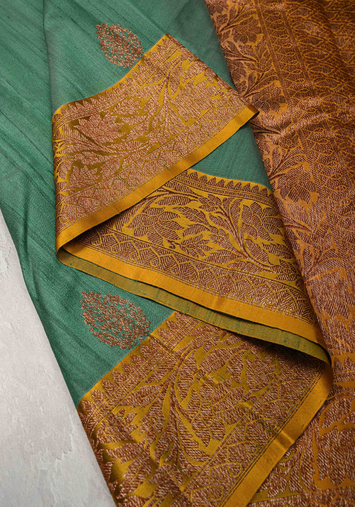 Sage Green Tussar Silk Saree with Antique Zari Butta and Contrast Yellow Border | SILK MARK CERTIFIED