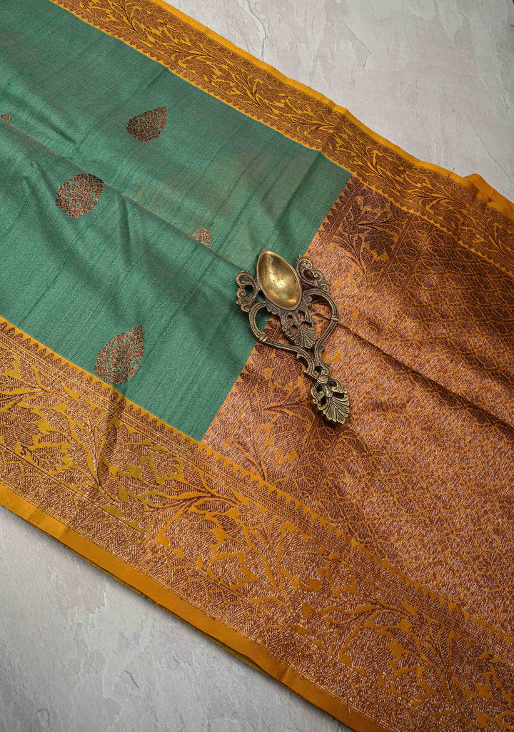 Sage Green Tussar Silk Saree with Antique Zari Butta and Contrast Yellow Border | SILK MARK CERTIFIED