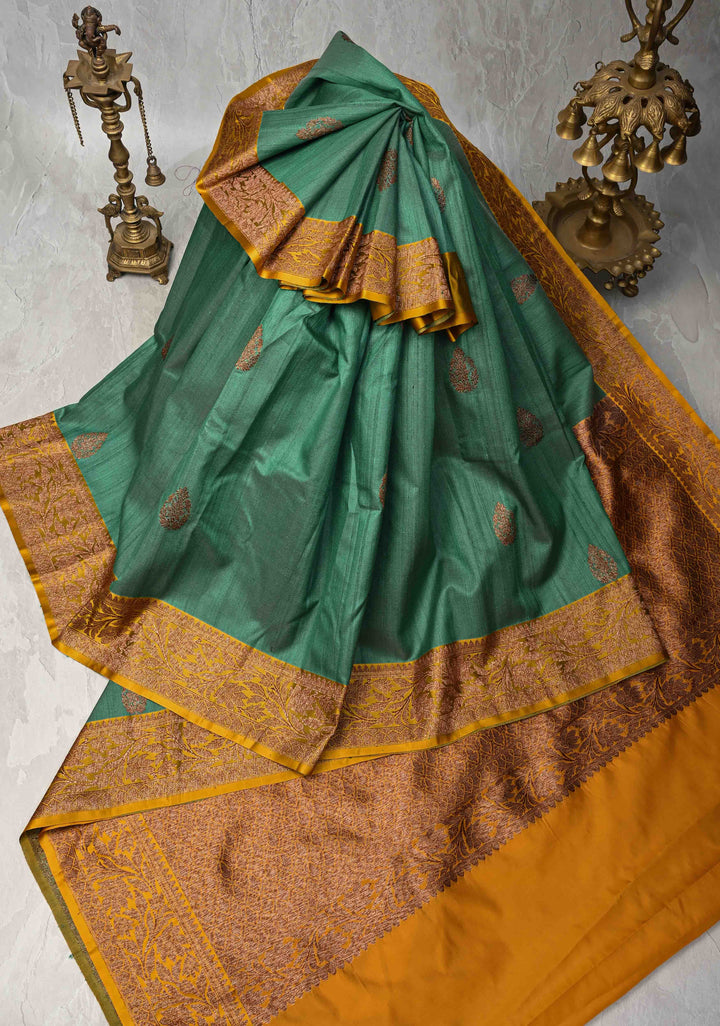 Sage Green Tussar Silk Saree with Antique Zari Butta and Contrast Yellow Border | SILK MARK CERTIFIED