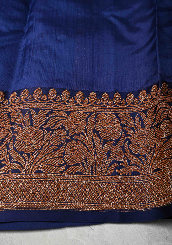 Kora Color Banarasi Tussar Silk Saree with Antique Zari Buttas and Blue Contrast Zari Border | SILK MARK CERTIFIED