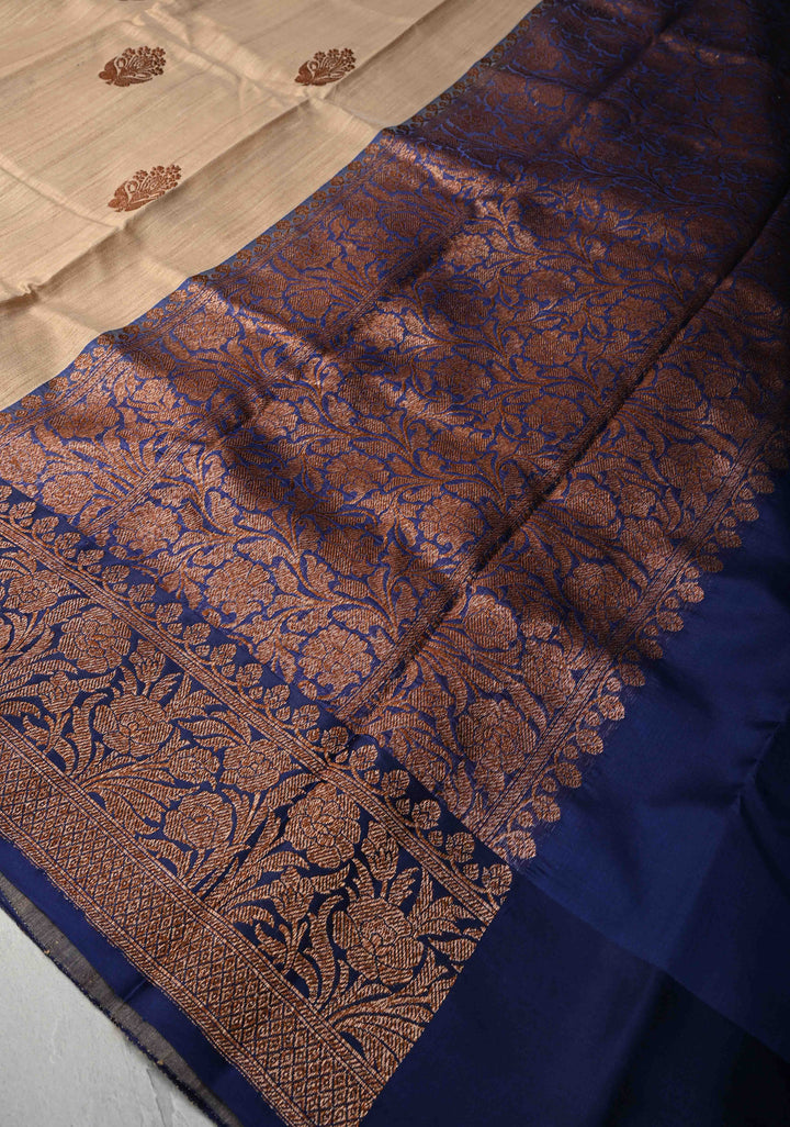 Kora Color Banarasi Tussar Silk Saree with Antique Zari Buttas and Blue Contrast Zari Border | SILK MARK CERTIFIED