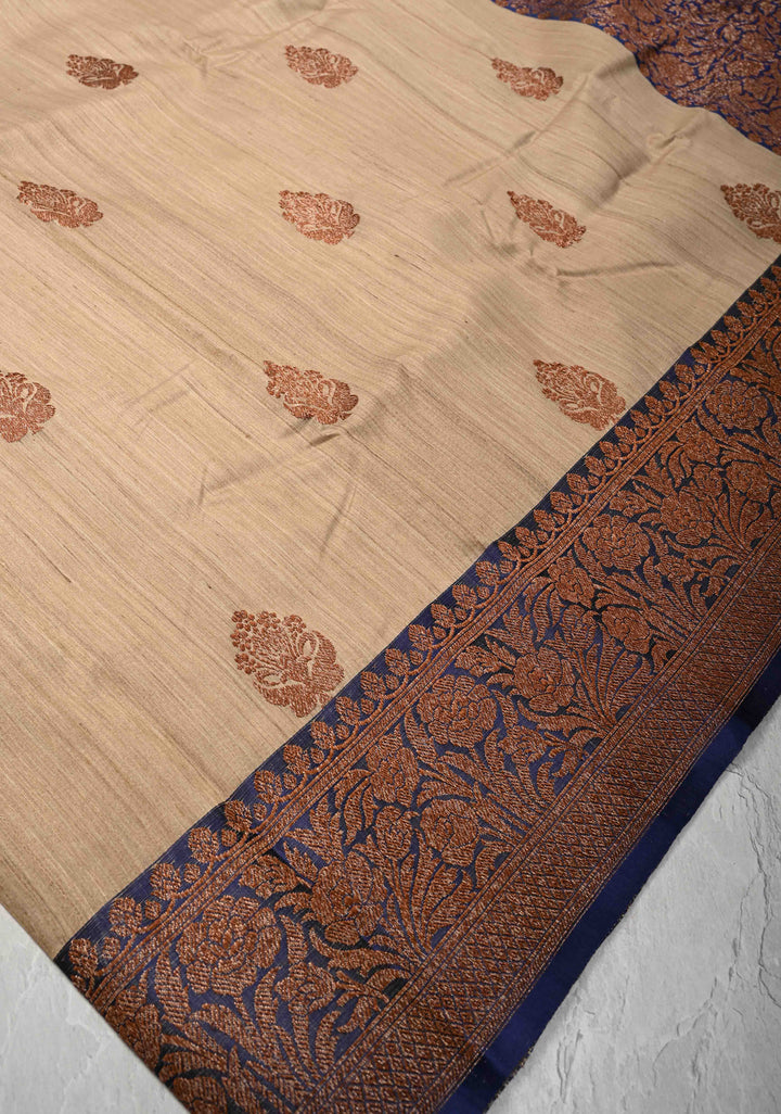 Kora Color Banarasi Tussar Silk Saree with Antique Zari Buttas and Blue Contrast Zari Border | SILK MARK CERTIFIED