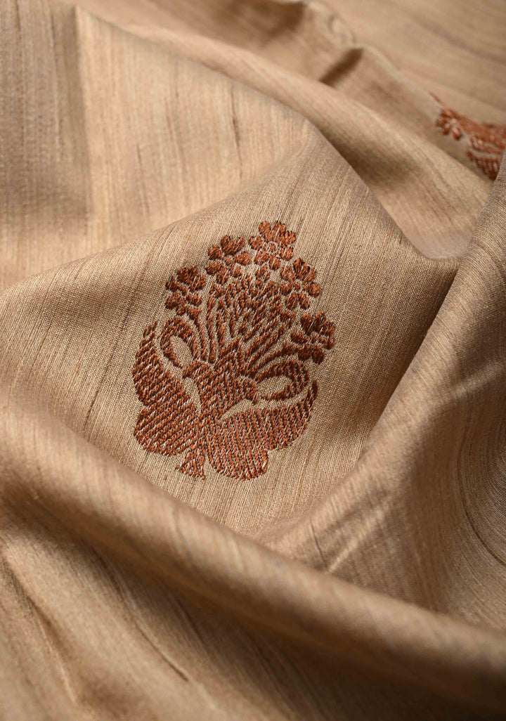 Kora Color Banarasi Tussar Silk Saree with Antique Zari Buttas and Blue Contrast Zari Border | SILK MARK CERTIFIED