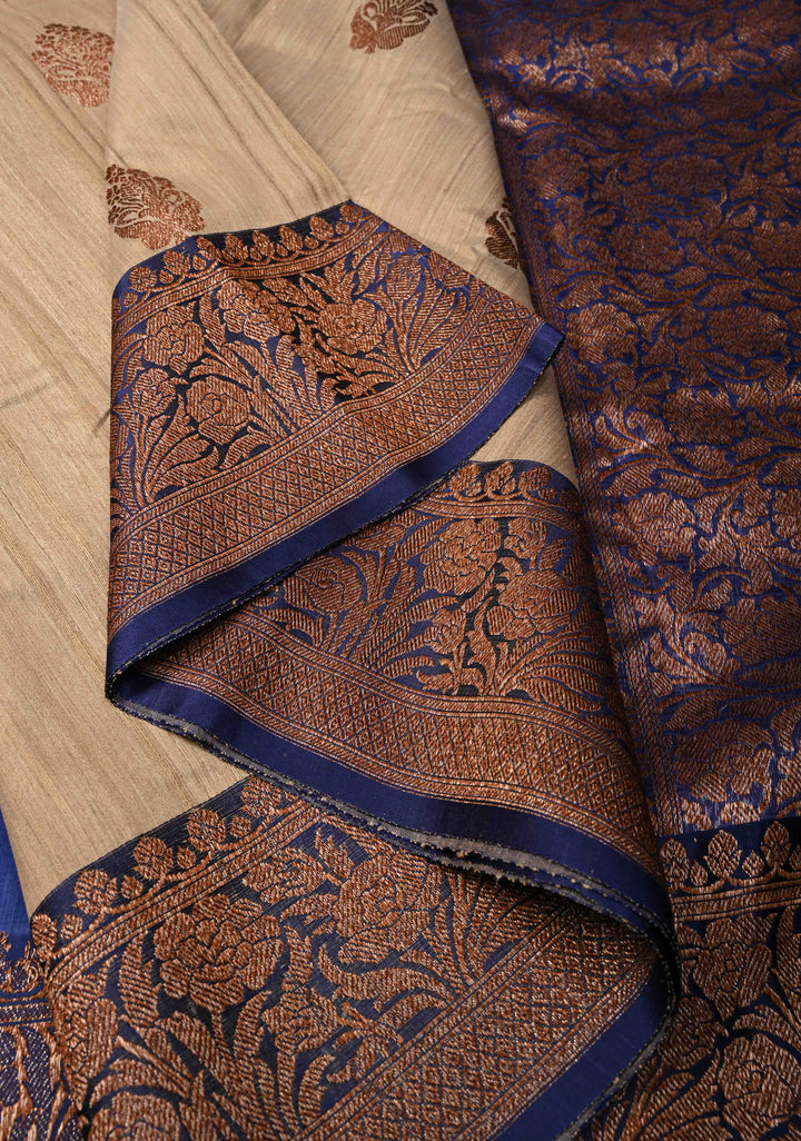 Kora Color Banarasi Tussar Silk Saree with Antique Zari Buttas and Blue Contrast Zari Border | SILK MARK CERTIFIED