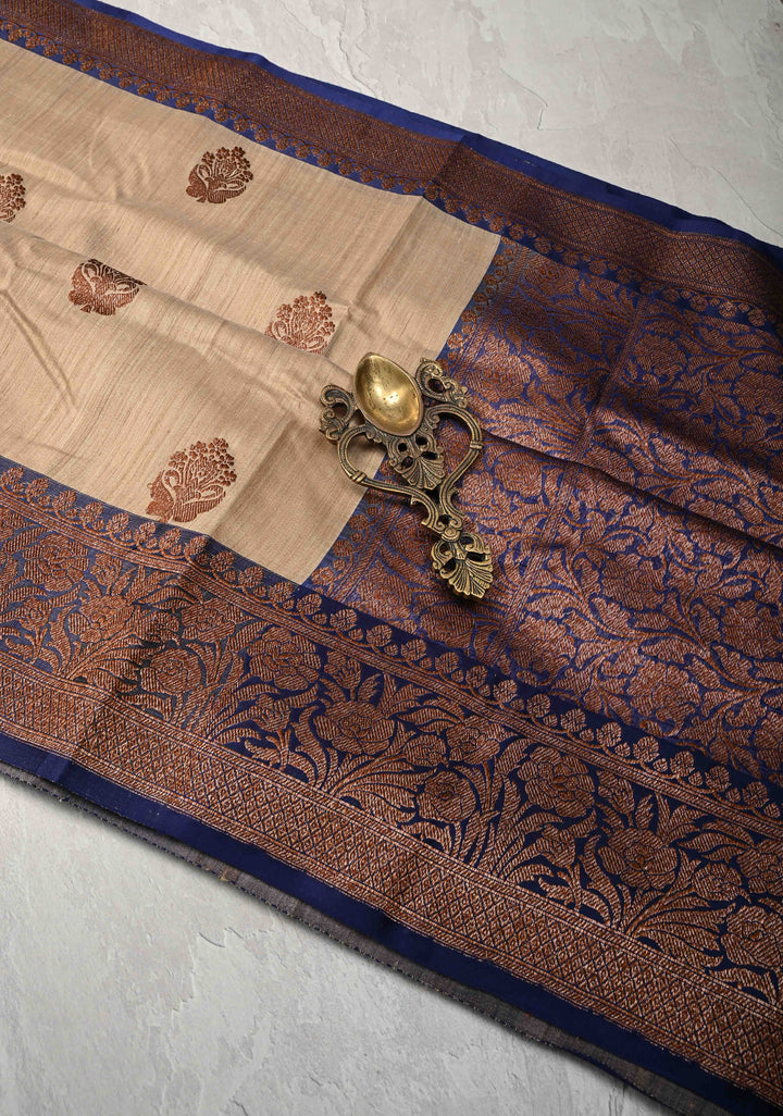 Kora Color Banarasi Tussar Silk Saree with Antique Zari Buttas and Blue Contrast Zari Border | SILK MARK CERTIFIED