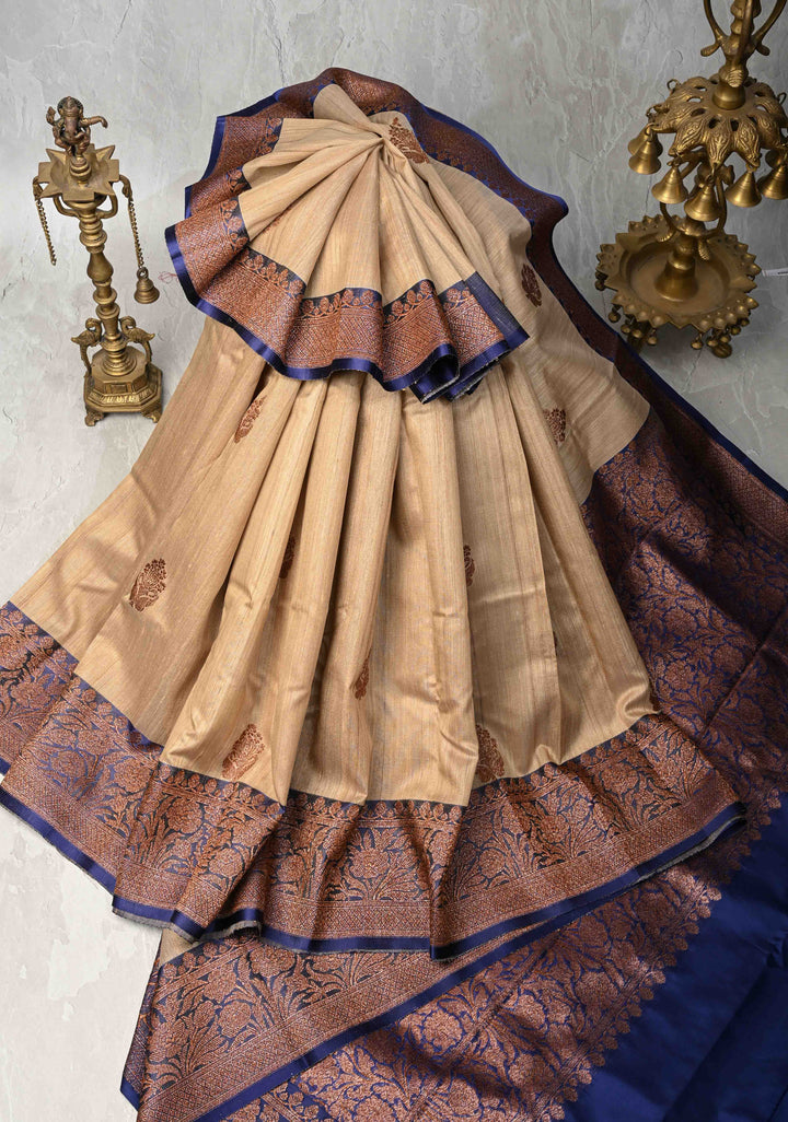 Kora Color Banarasi Tussar Silk Saree with Antique Zari Buttas and Blue Contrast Zari Border | SILK MARK CERTIFIED