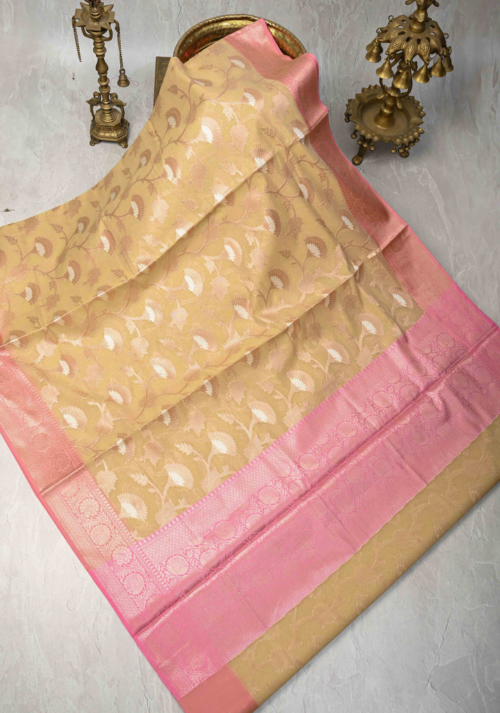 Beige Banarasi Semi Kora Silk Saree with Sona Rupa Jaal and Zari Border