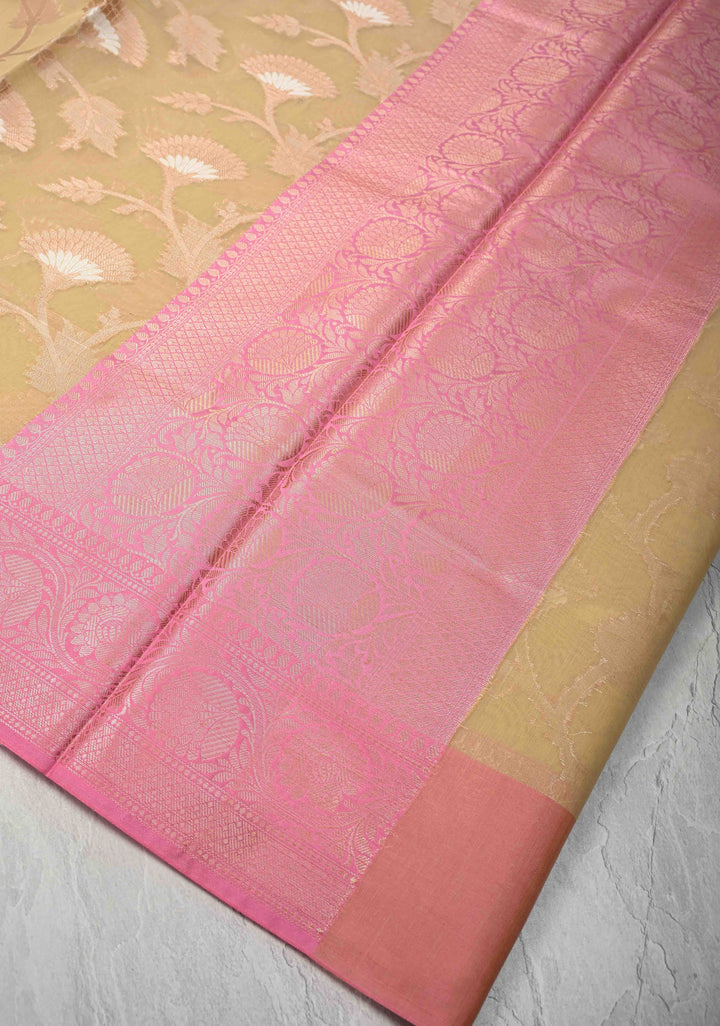 Beige Banarasi Semi Kora Silk Saree with Sona Rupa Jaal and Zari Border