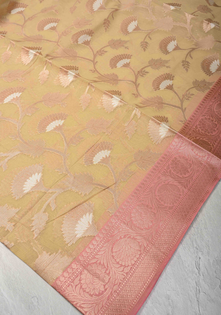 Beige Banarasi Semi Kora Silk Saree with Sona Rupa Jaal and Zari Border