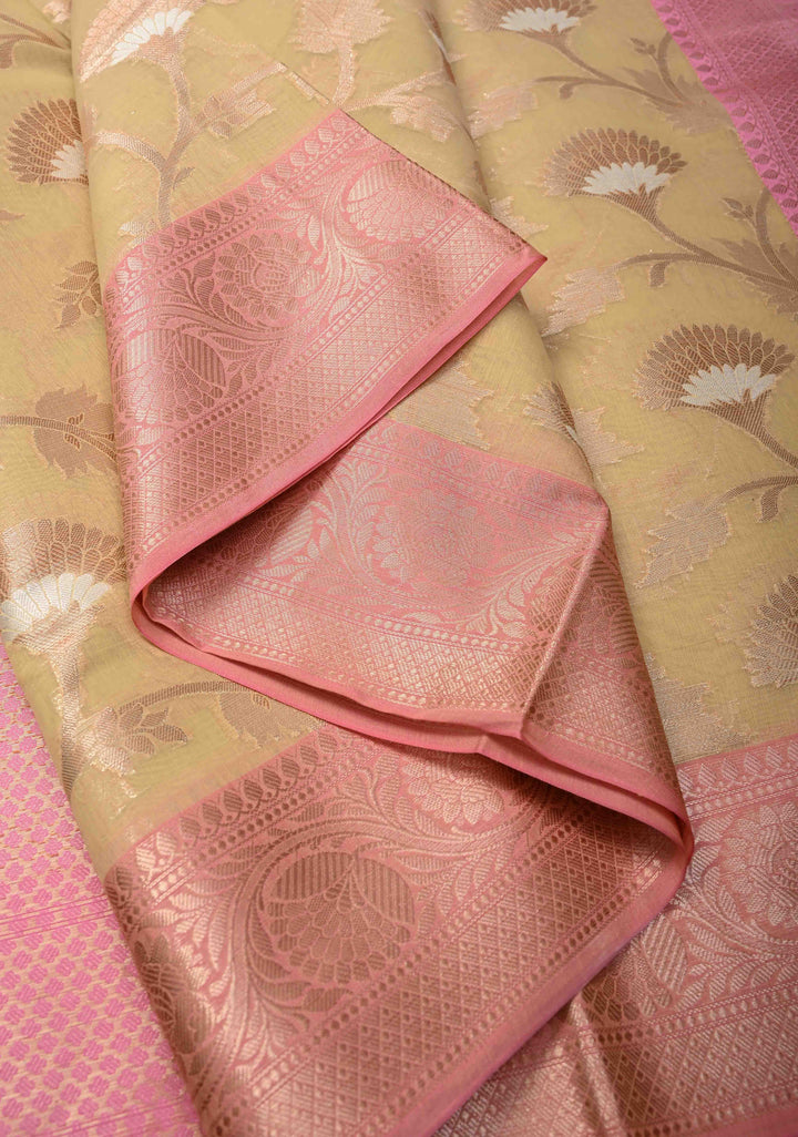 Beige Banarasi Semi Kora Silk Saree with Sona Rupa Jaal and Zari Border