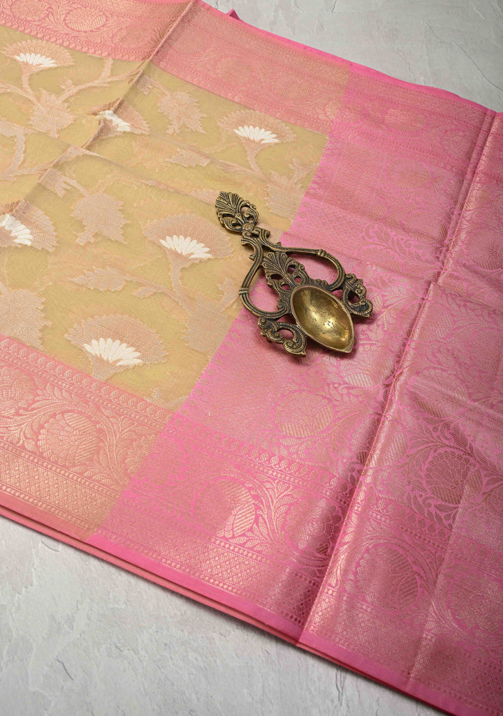 Beige Banarasi Semi Kora Silk Saree with Sona Rupa Jaal and Zari Border