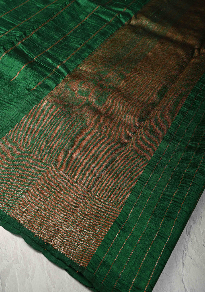 Bottle Green Banarasi Raw Silk Saree with Antique Zari Stripes and Mandala Motifs on Border | SILK MARK CERTIFIED