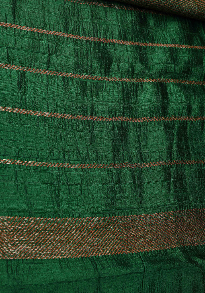 Bottle Green Banarasi Raw Silk Saree with Antique Zari Stripes and Mandala Motifs on Border | SILK MARK CERTIFIED