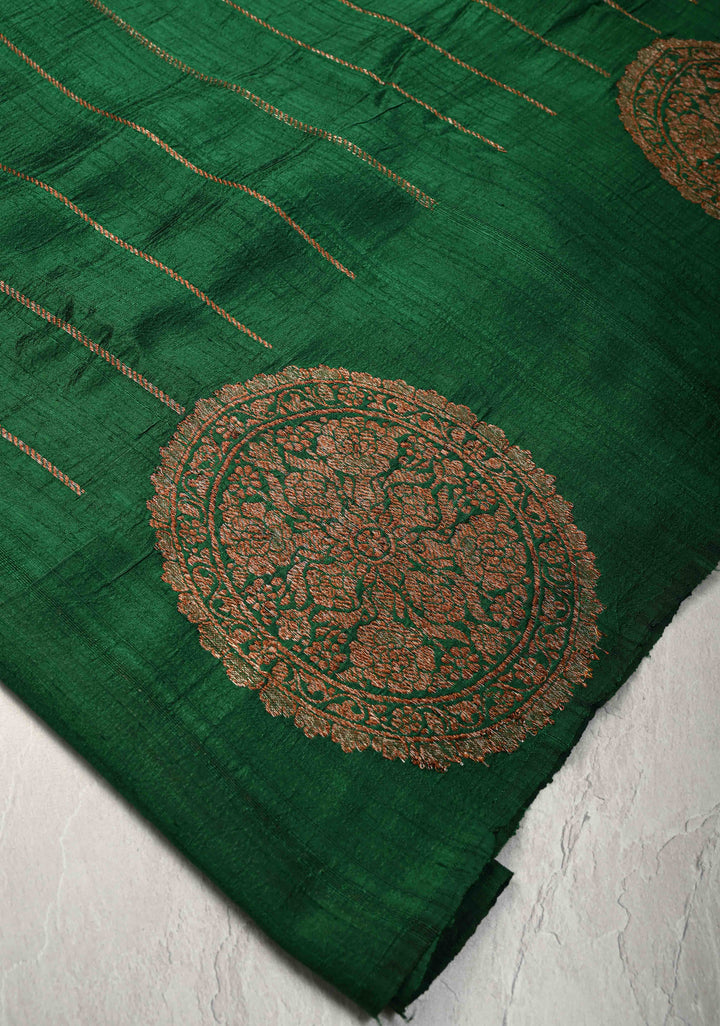 Bottle Green Banarasi Raw Silk Saree with Antique Zari Stripes and Mandala Motifs on Border | SILK MARK CERTIFIED