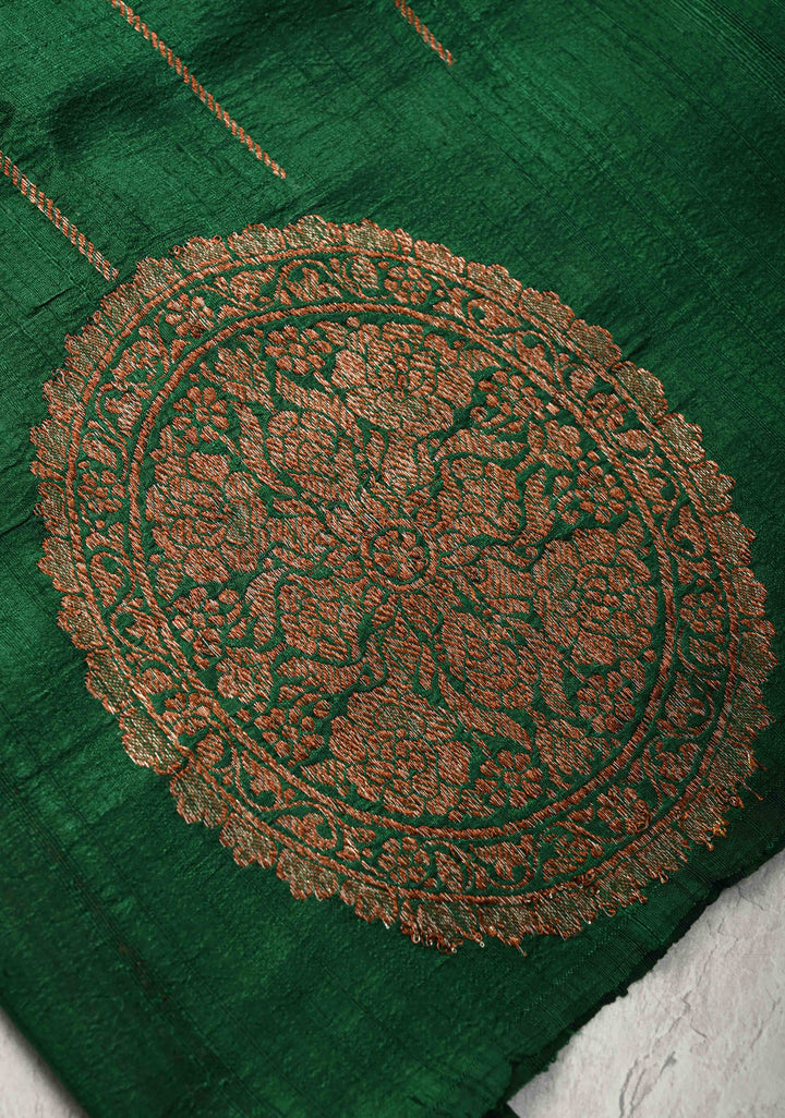 Bottle Green Banarasi Raw Silk Saree with Antique Zari Stripes and Mandala Motifs on Border | SILK MARK CERTIFIED