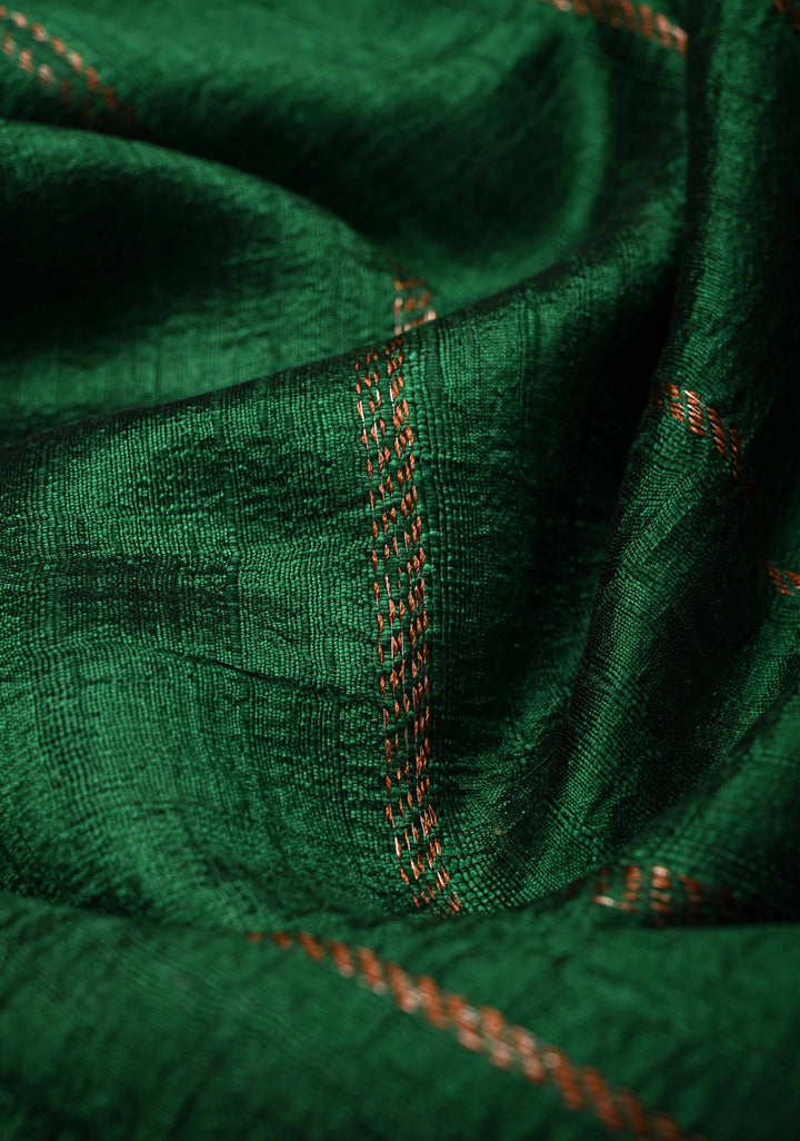 Bottle Green Banarasi Raw Silk Saree with Antique Zari Stripes and Mandala Motifs on Border | SILK MARK CERTIFIED
