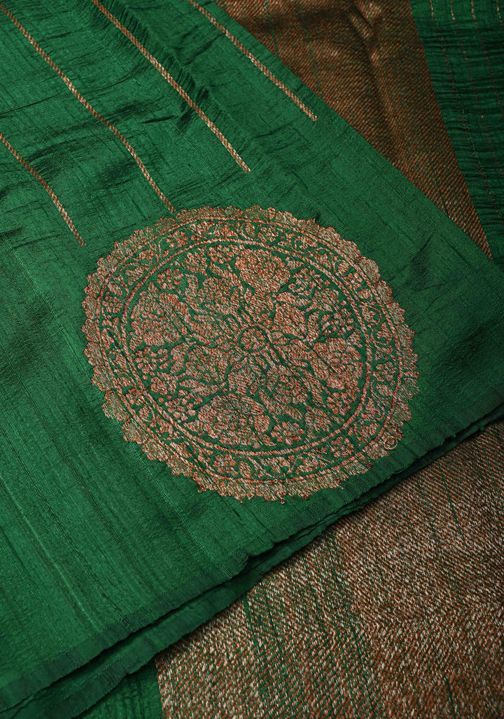 Bottle Green Banarasi Raw Silk Saree with Antique Zari Stripes and Mandala Motifs on Border | SILK MARK CERTIFIED