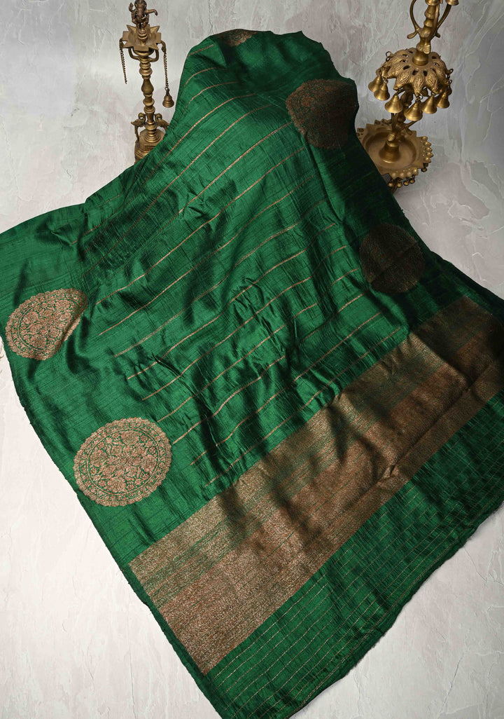 Bottle Green Banarasi Raw Silk Saree with Antique Zari Stripes and Mandala Motifs on Border | SILK MARK CERTIFIED