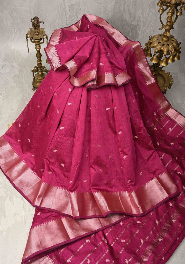 Magenta Semi Silk saree with Zari Paisley Buttis and Zari Border