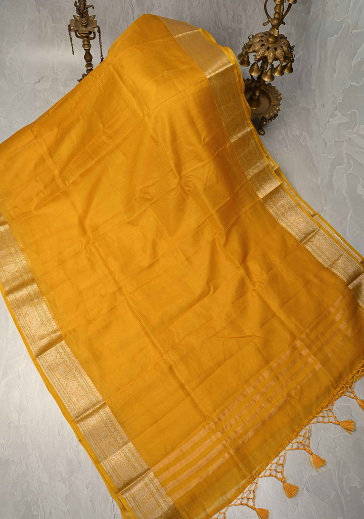 Yellow Kota Doria Tissue Cotton Saree with Sona Rupa Zari Border