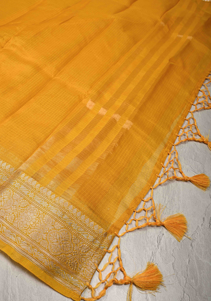 Yellow Kota Doria Tissue Cotton Saree with Sona Rupa Zari Border