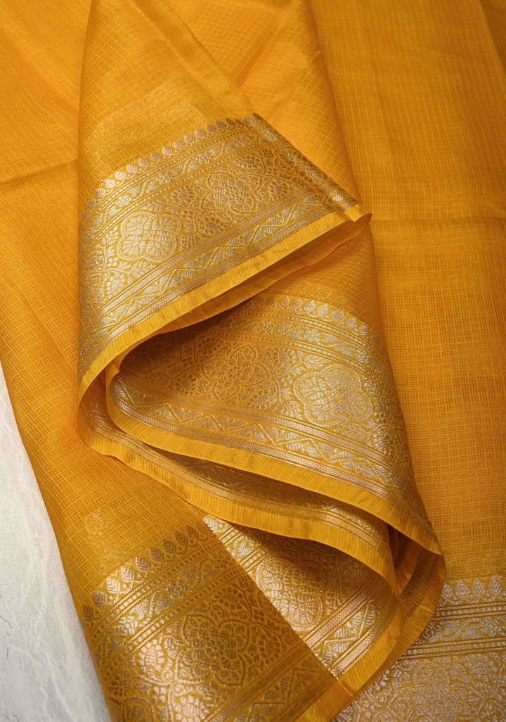 Yellow Kota Doria Tissue Cotton Saree with Sona Rupa Zari Border