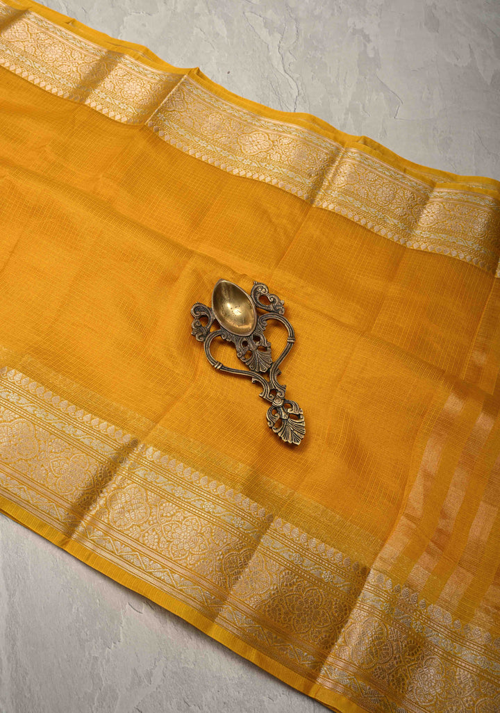 Yellow Kota Doria Tissue Cotton Saree with Sona Rupa Zari Border