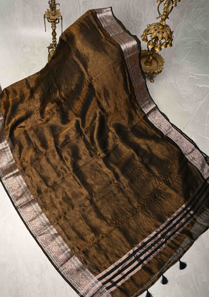 Black-Gold Banarasi Kota Doria Tissue Cotton Saree with Sona Rupa Zari Border