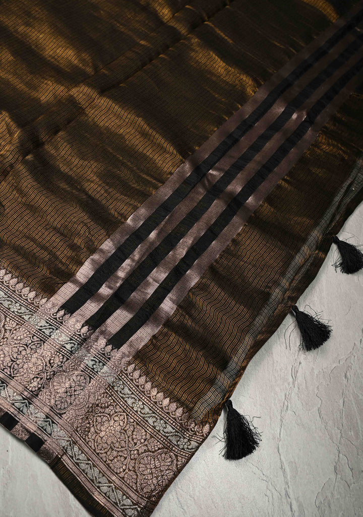 Black-Gold Banarasi Kota Doria Tissue Cotton Saree with Sona Rupa Zari Border