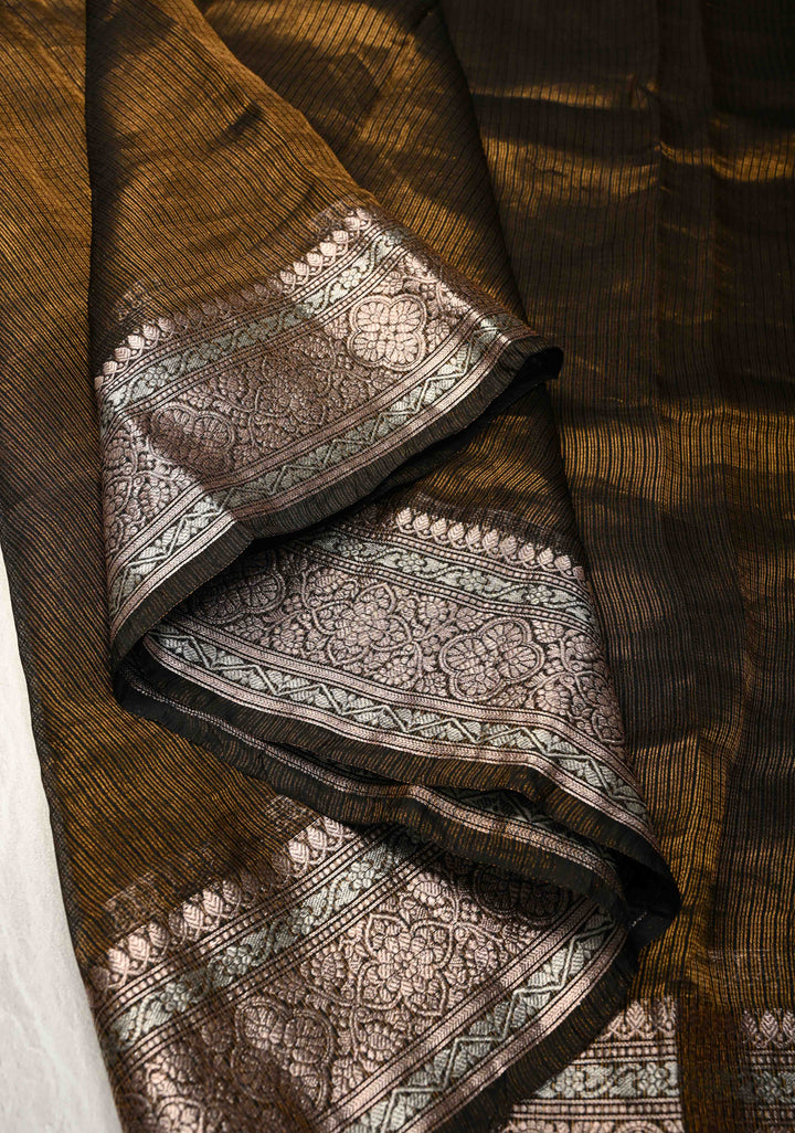 Black-Gold Banarasi Kota Doria Tissue Cotton Saree with Sona Rupa Zari Border