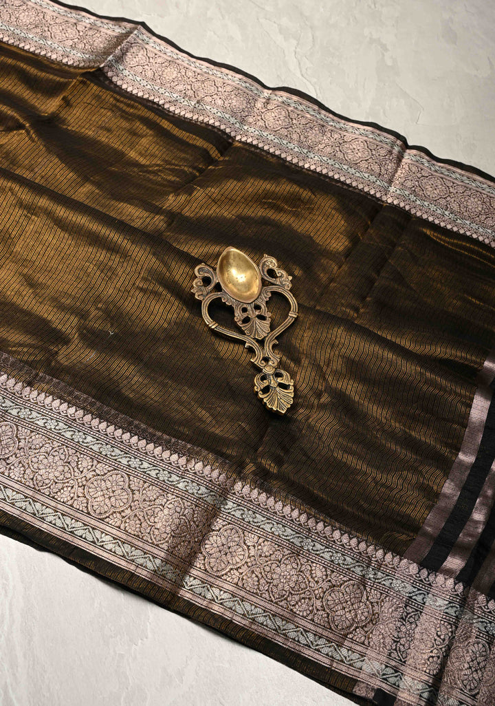 Black-Gold Banarasi Kota Doria Tissue Cotton Saree with Sona Rupa Zari Border