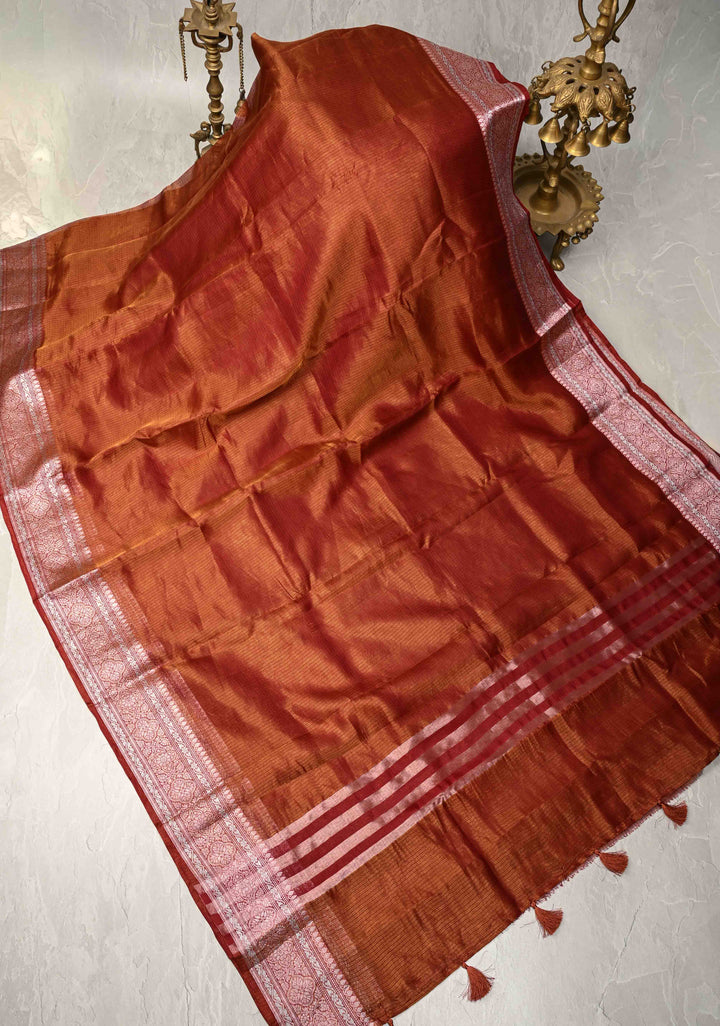 Maroon Kota Doria Tissue Cotton Saree with Sona Rupa Zari Border