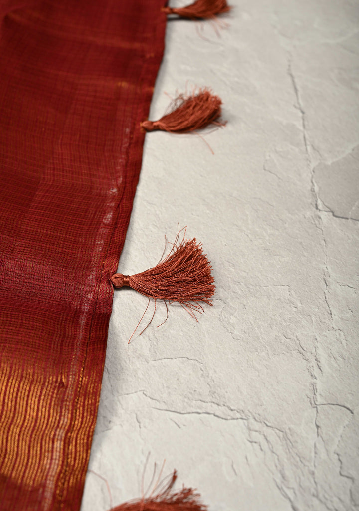 Maroon Kota Doria Tissue Cotton Saree with Sona Rupa Zari Border