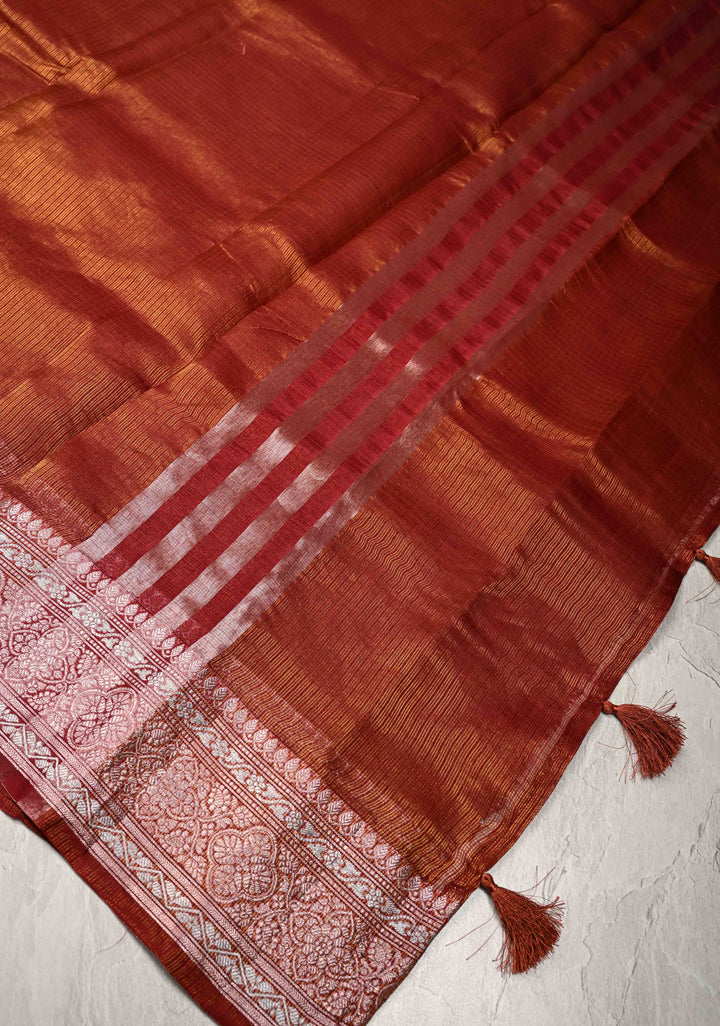 Maroon Kota Doria Tissue Cotton Saree with Sona Rupa Zari Border