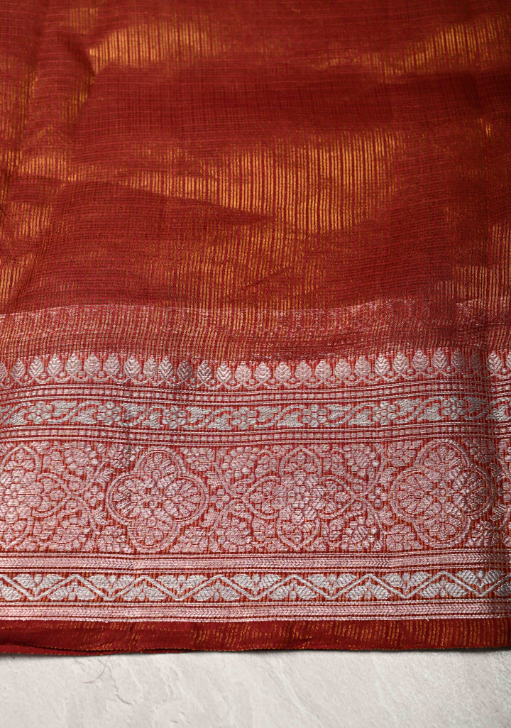 Maroon Kota Doria Tissue Cotton Saree with Sona Rupa Zari Border