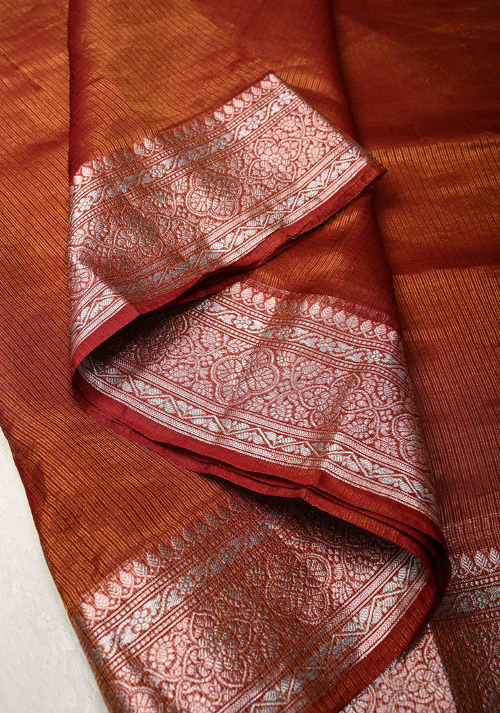 Maroon Kota Doria Tissue Cotton Saree with Sona Rupa Zari Border