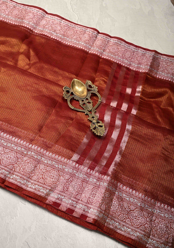 Maroon Kota Doria Tissue Cotton Saree with Sona Rupa Zari Border