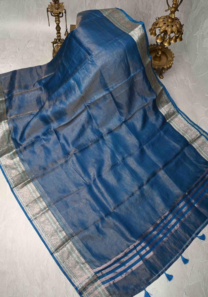 Peacock Blue Kota Doria Tissue Cotton Saree with Sona Rupa Zari Border